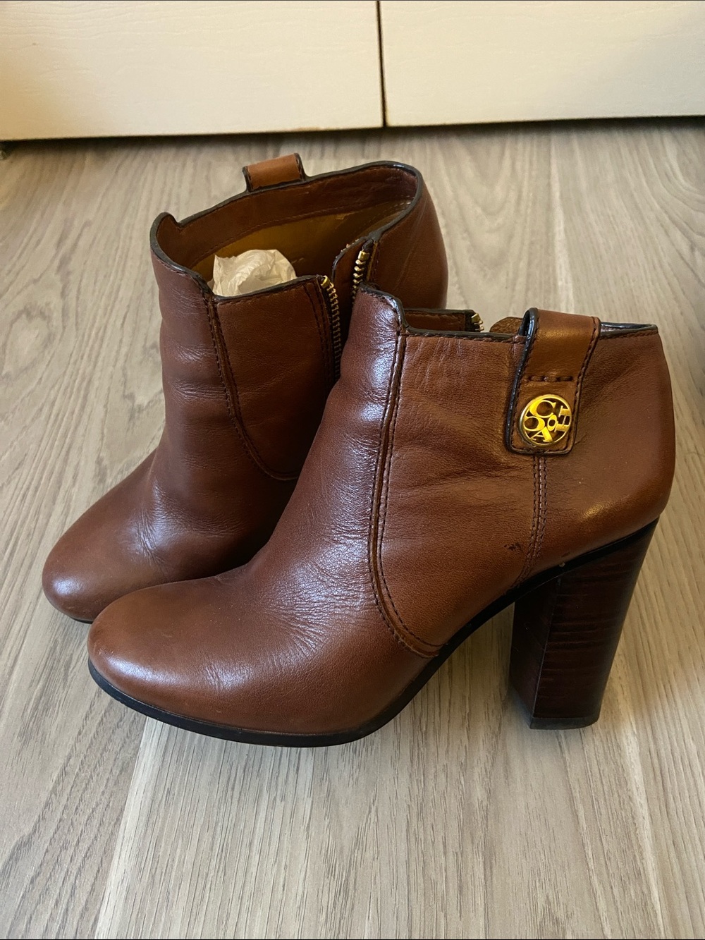 Coach Brown Leather Ankle Booties with Gold Tone Logo